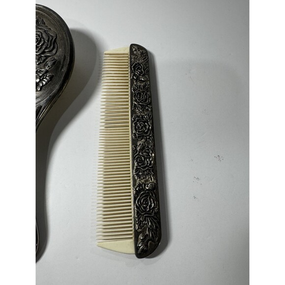 VTG Heavy Silver Plated 3 pc Vanity Set Mirror Brush Comb Victorian Roses - Picture 5 of 8